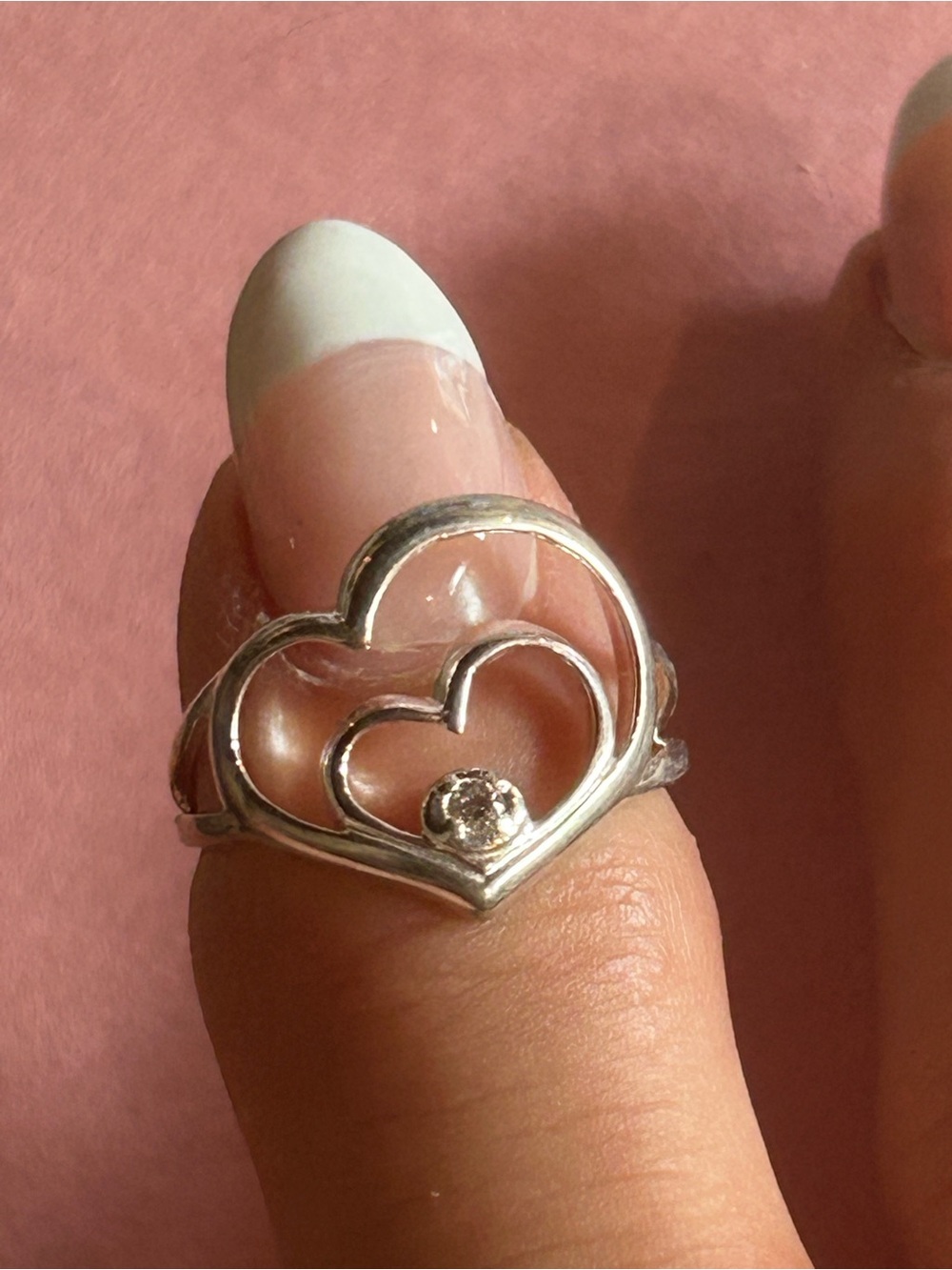 Vintage Sterling Silver Double Heart Ring with Small Cubic Zirconia. Size 6.